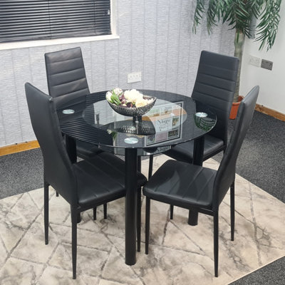 Round Glass Black Kitchen Dining Table With Storage Shelf And 4