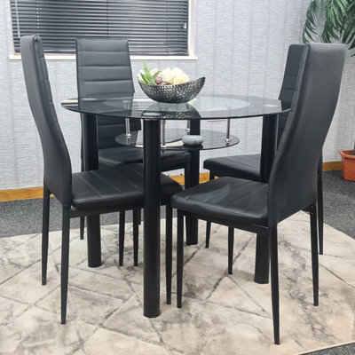 Round Glass Black Kitchen Dining Table With Storage Shelf And 4 Black Metal Chairs Set