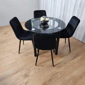Round Glass Black Kitchen Dining Table With Storage Shelf And 4 Black Tufted Velvet Chairs Kitchen Dining Set