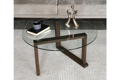 Round glass coffee table deals with wooden legs