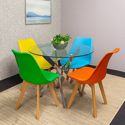 Round Glass Dining Table and mix Colour leather Chairs