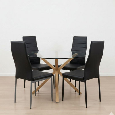 Round Glass Dining Table Set With 4 Black faux leather Chairs Dining ...