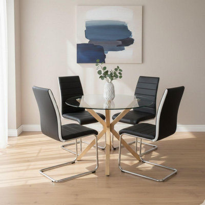 Round Glass Dining Table Set With 4 black faux leather Chairs Dining ...