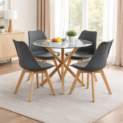 Round Glass Dining Table Set With 4 grey plastic Chairs Dining Room ...