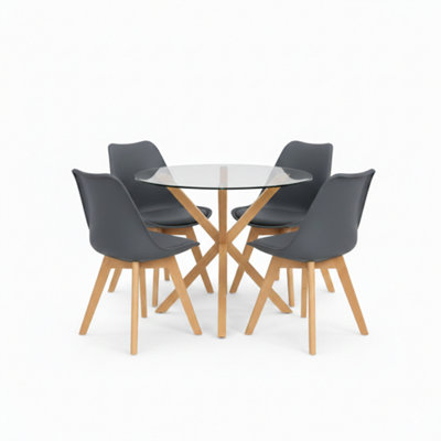 Round Glass Dining Table Set With 4 grey plastic Chairs Dining Room ...