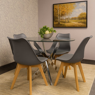 Round Glass Dining Table Set With 4 Grey Plastic Chairs Dining Room ...