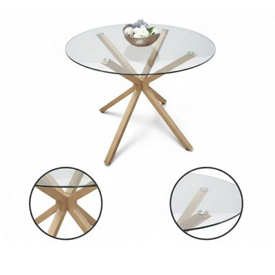 Round Glass Dining Table Set With 4 Mustard Gem Pattern Chairs Dining ...
