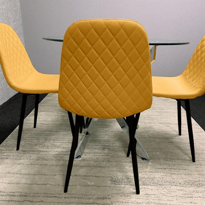 Round Glass Dining Table Set With 4 Mustard Gem Pattern Chairs Dining ...