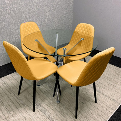Round Glass Dining Table Set With 4 Mustard Gem Pattern Chairs Dining ...