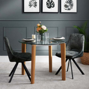 Round glass dining table with wooden legs contemporary look - Lutina Round Glass Dining Table 100cm