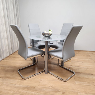 Round Glass Grey Kitchen Dining Table With Storage Shelf And 4 Grey