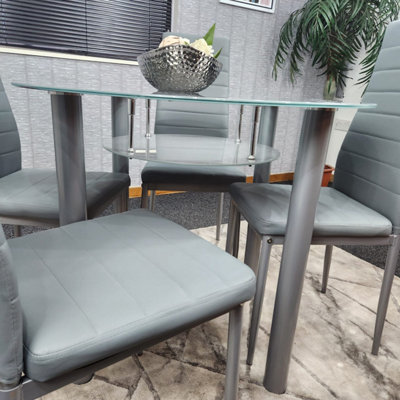 Round Glass Grey Kitchen Dining Table With Storage Shelf And 4 Grey Metal Chairs Set