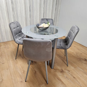 Round Glass Grey Kitchen Dining Table With Storage Shelf And 4 Grey Tufted Velvet Chairs Kitchen Dining Set