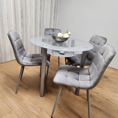 Round Glass Grey Kitchen Dining Table With Storage Shelf And 4 Grey Tufted Velvet Chairs Kitchen Dining Set