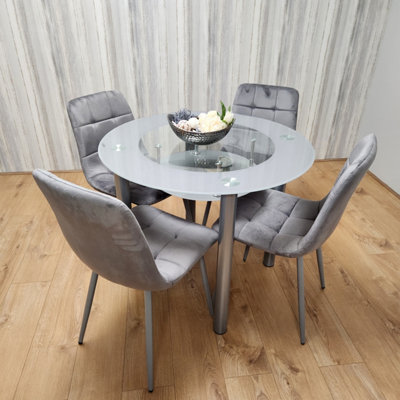 Round Glass Grey Kitchen Dining Table With Storage Shelf And 4 Grey Tufted Velvet Chairs Kitchen Dining Set