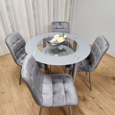 Round Glass Grey Kitchen Dining Table With Storage Shelf And 4 Grey Tufted Velvet Chairs Kitchen Dining Set