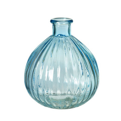 Round Glass Ribbed Bottle Flower Bud, Stem Vase - Ocean Blue (Dia) 15 cm