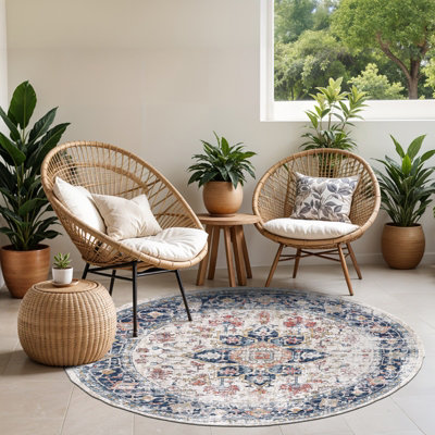 Round Huntington Beach-Vintage Blue Beige Orange In- & Outdoor Rug 160 ...