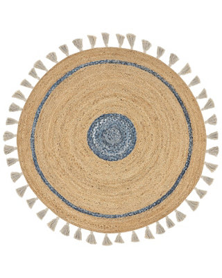 Round Jute Area Rug 140 cm Beige and Blue OBAKOY