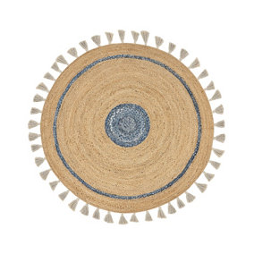 Round Jute Area Rug 140 cm Beige and Blue OBAKOY