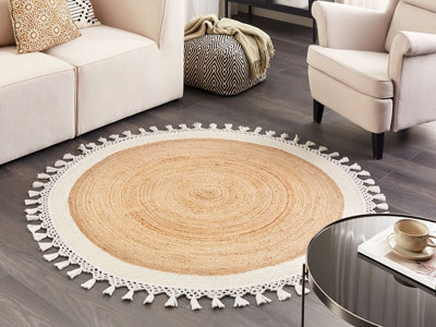 Round Jute Area Rug 140 cm Beige and White MARTS