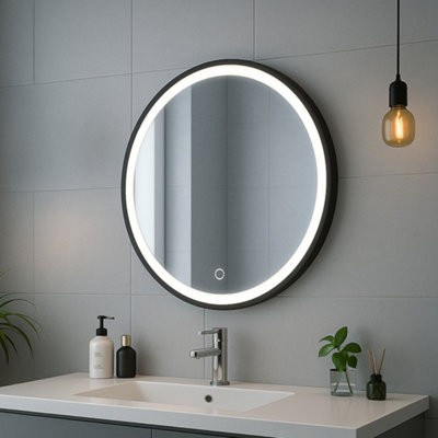 Round LED Bathroom Mirror 60cm Black Frame, Anti-Fog Demister, Touch ...