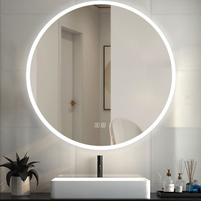 Round LED Bathroom Mirror with 3 Color Lights Demister Pad Anti-fog  Bluetooth Dimmable Touch Switch Wall Mounted, 700x700mm