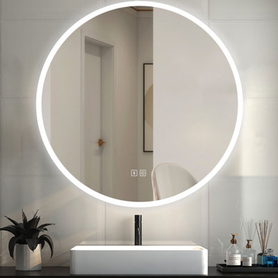 Round LED Bathroom Mirror with 3 Color Lights Demister Pad Anti-fog ...