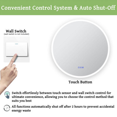 Round LED Bathroom Mirror with Bluetooth Speakers 700mm 3 Colour Dimmable Lights Memory Demister Touch/Wall Switch Control