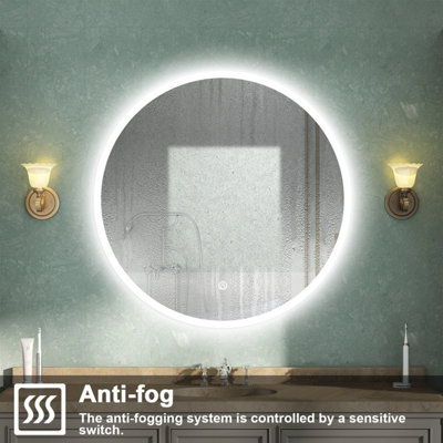 Round LED Bathroom Mirror with Lights Demister Pad Anti-fog Touch/Wall ...