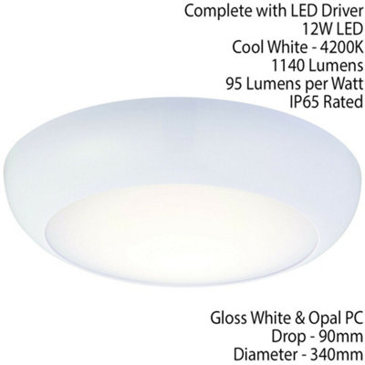 Round LED Bulkhead Ceiling Light 12W Cool White IP65 Gloss White Bathroom Lamp