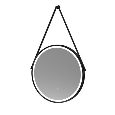 Round LED Illuminated Touch Sensor Framed Mirror with Demister & Strap, 600mm - Black