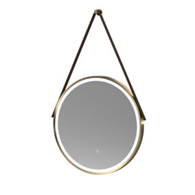 Round LED Illuminated Touch Sensor Framed Mirror with Demister & Strap, 600mm - Brushed Brass/Brown - Balterley