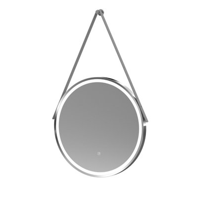 Round LED Illuminated Touch Sensor Framed Mirror with Demister & Strap, 600mm - Chrome/Grey