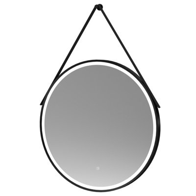 Round LED Illuminated Touch Sensor Framed Mirror with Demister & Strap, 800mm - Black