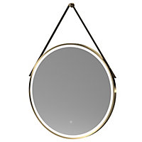 Round LED Illuminated Touch Sensor Framed Mirror with Demister & Strap, 800mm - Brushed Brass/Brown - Balterley