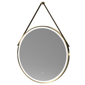Round LED Illuminated Touch Sensor Framed Mirror with Demister & Strap, 800mm - Brushed Brass/Brown - Balterley