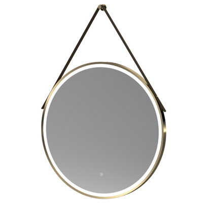 Round LED Illuminated Touch Sensor Framed Mirror with Demister & Strap, 800mm - Brushed Brass/Brown