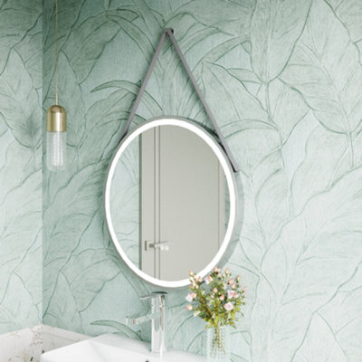 Round LED Illuminated Touch Sensor Framed Mirror with Demister & Strap, 800mm - Chrome/Grey