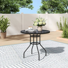 Round Marbling Outdoor Table Tempered Glass Patio Table with an Umbrella Hole For Garden Backyard 725mm(H)
