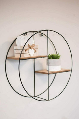 Metal and wood oval deals wall shelf