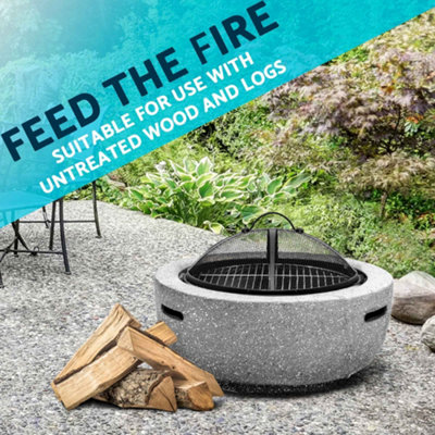 Round MgO Fire Pit with BBQ Grill, 60cm, Safety Mesh Screen - Light Grey - DG188