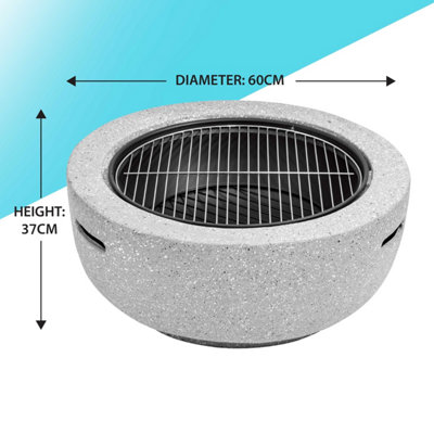 Round MgO Fire Pit with BBQ Grill, 60cm, Safety Mesh Screen - Light Grey - DG188