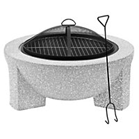 Round MgO Fire Pit with BBQ Grill, 75cm, Safety Mesh Screen - Light Grey - DG190