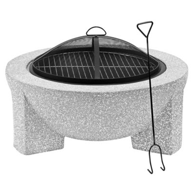 Round MgO Fire Pit with BBQ Grill, 75cm, Safety Mesh Screen - Light Grey - DG190