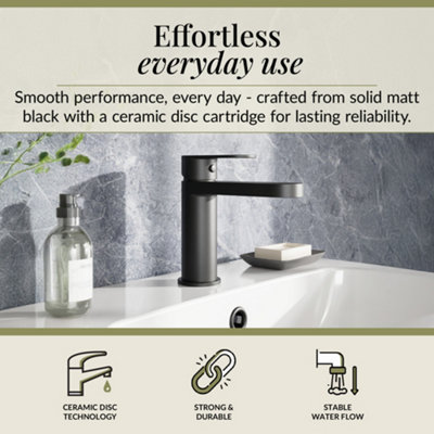 Round Mono Basin Mixer Bathroom Sink Tap & Push Button Waste - Matt Black - Balterley