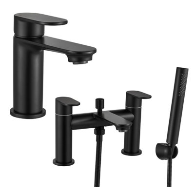 Round Mono Basin Mixer Tap and Bath Shower Mixer Tap Set - Black
