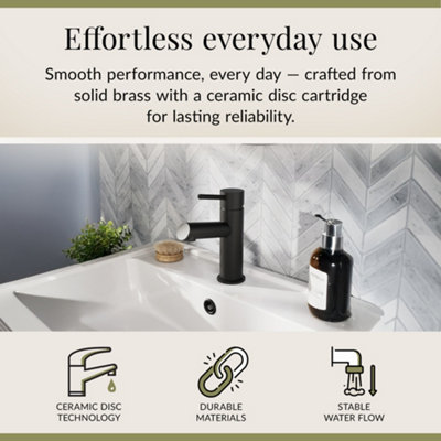 Round Mono Basin Mixer Tap & Push Button Waste - Matt Black - Balterley