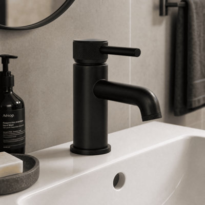 Round Mono Basin Mixer Tap with Industrial Style Detailing - Black