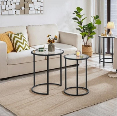 Round Nesting Coffee Table Set, Stacking Sofa Side Table with Glass Top ...